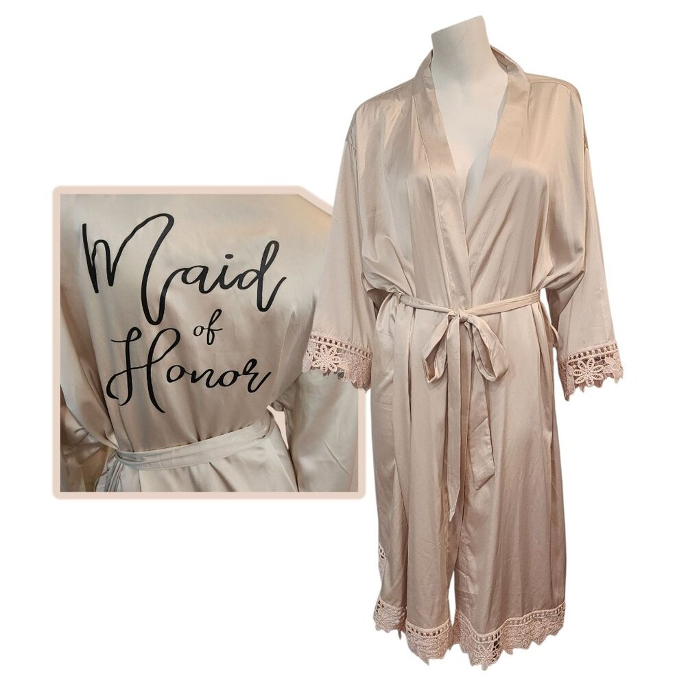 Maid of Honor Bridal Party Robe Silk Satin Lace Trim Spa Robe Plus Size 4XL Tan